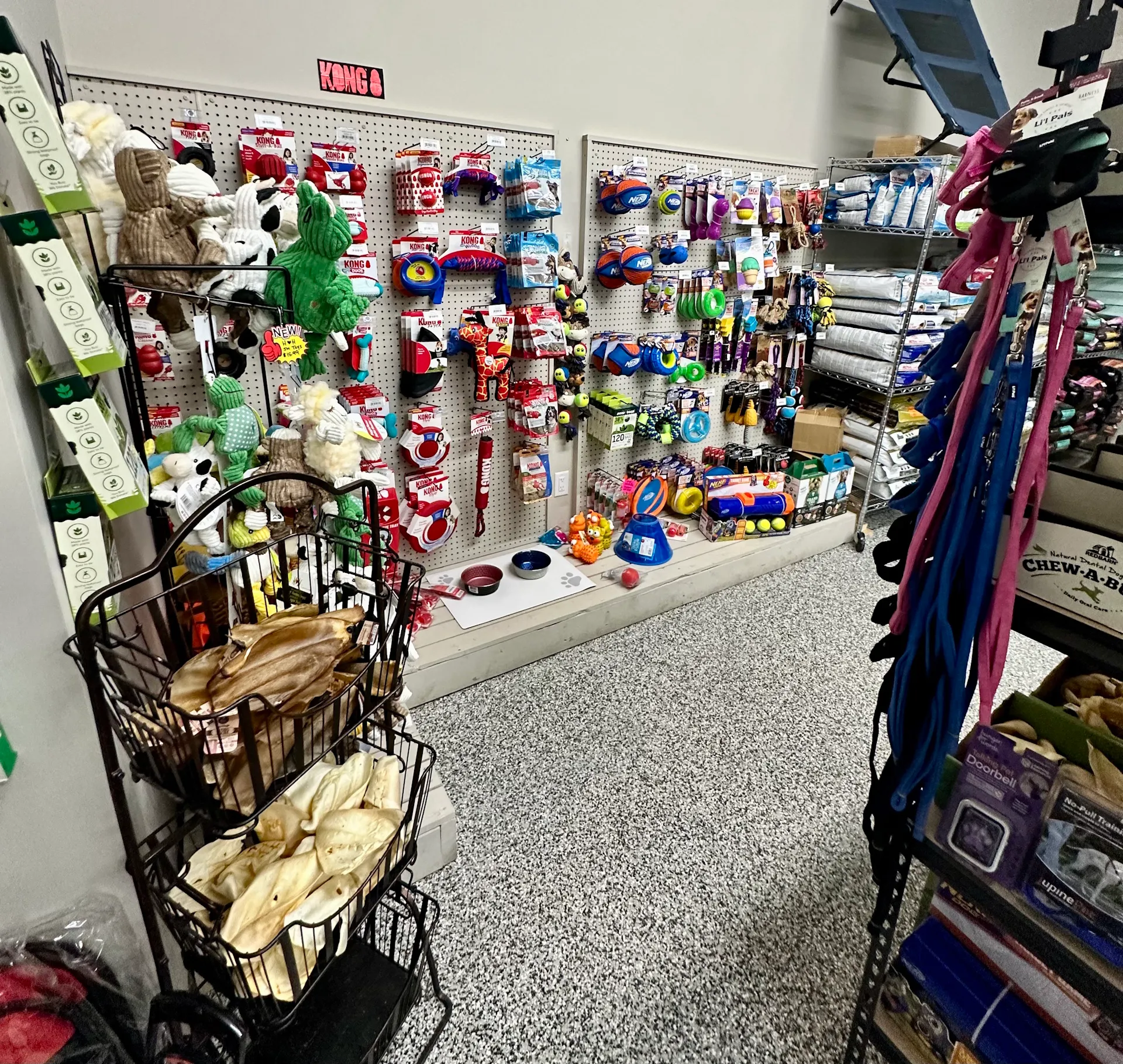 Dog toys aisle display at PTM Pet Supplies